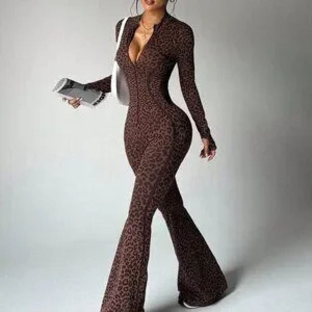 ZARA Coffee Brown Sexy Women's Seamless Leopard Flared Jumpsuit